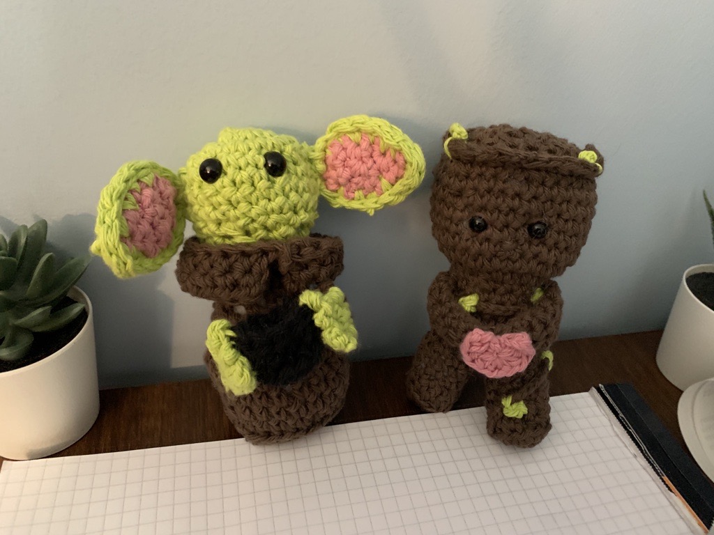 Baby Yoda and Baby Groot crochet dolls